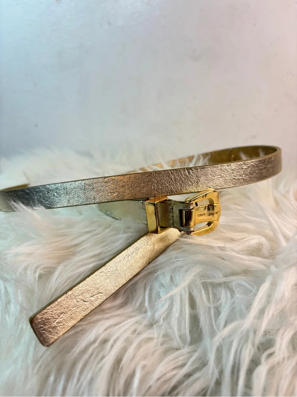 Michael Kors Metallic Gold Slim Leather Belt with Gold Buckle